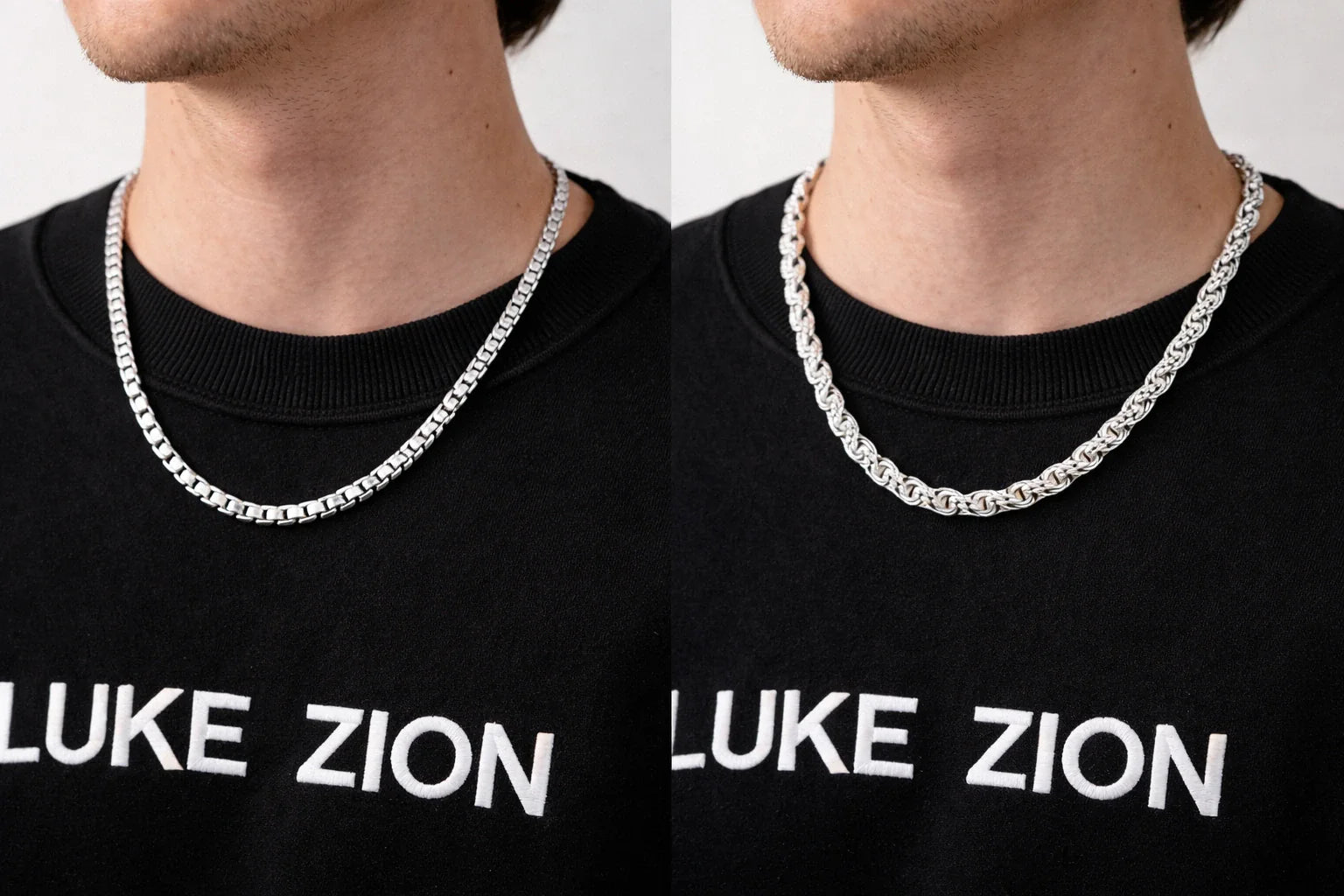 Photo - A sharp side-by-side image highlighting box chain vs rope chain on the neck of the same model, with a Luke Zion tee subtly visible. The rope reflects light with layered movement, while the box chain presents a cleaner, more defined
