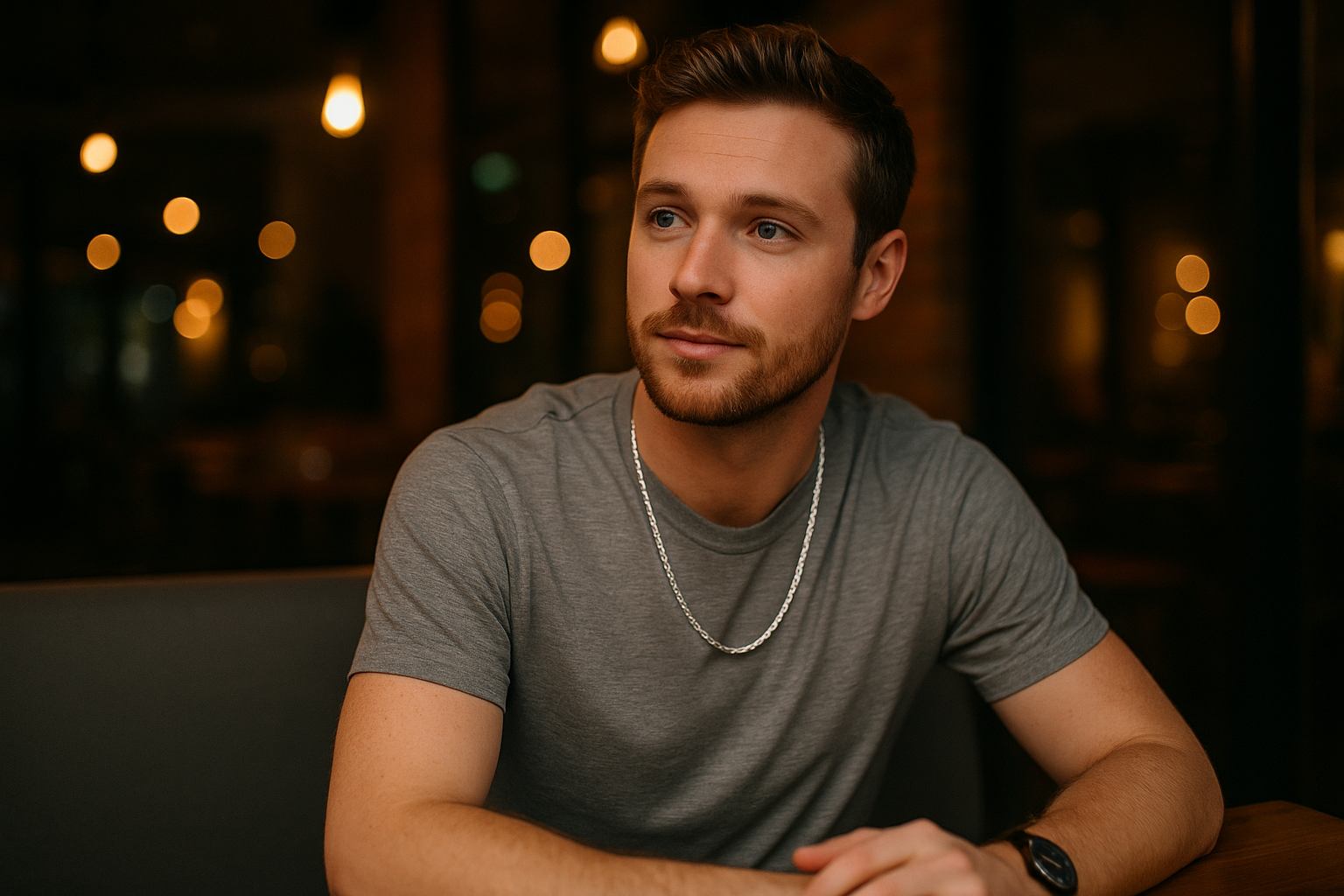 photo - a happy man at a bar with the perfect modern necklace for men