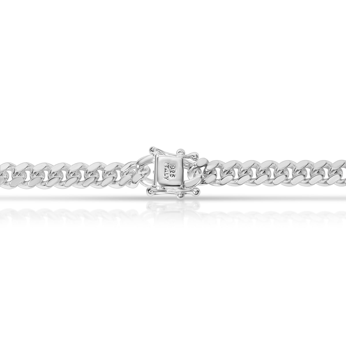 Back of the box lock clasp on the 6mm Cuban link chain, stamped 925 and Italy